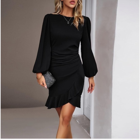 NWT WOMEN’S LANTERN LONG SLEEVE TULIP HEM RUCHED SIDE DRESS SIZE XL BLACK - Picture 6 of 9